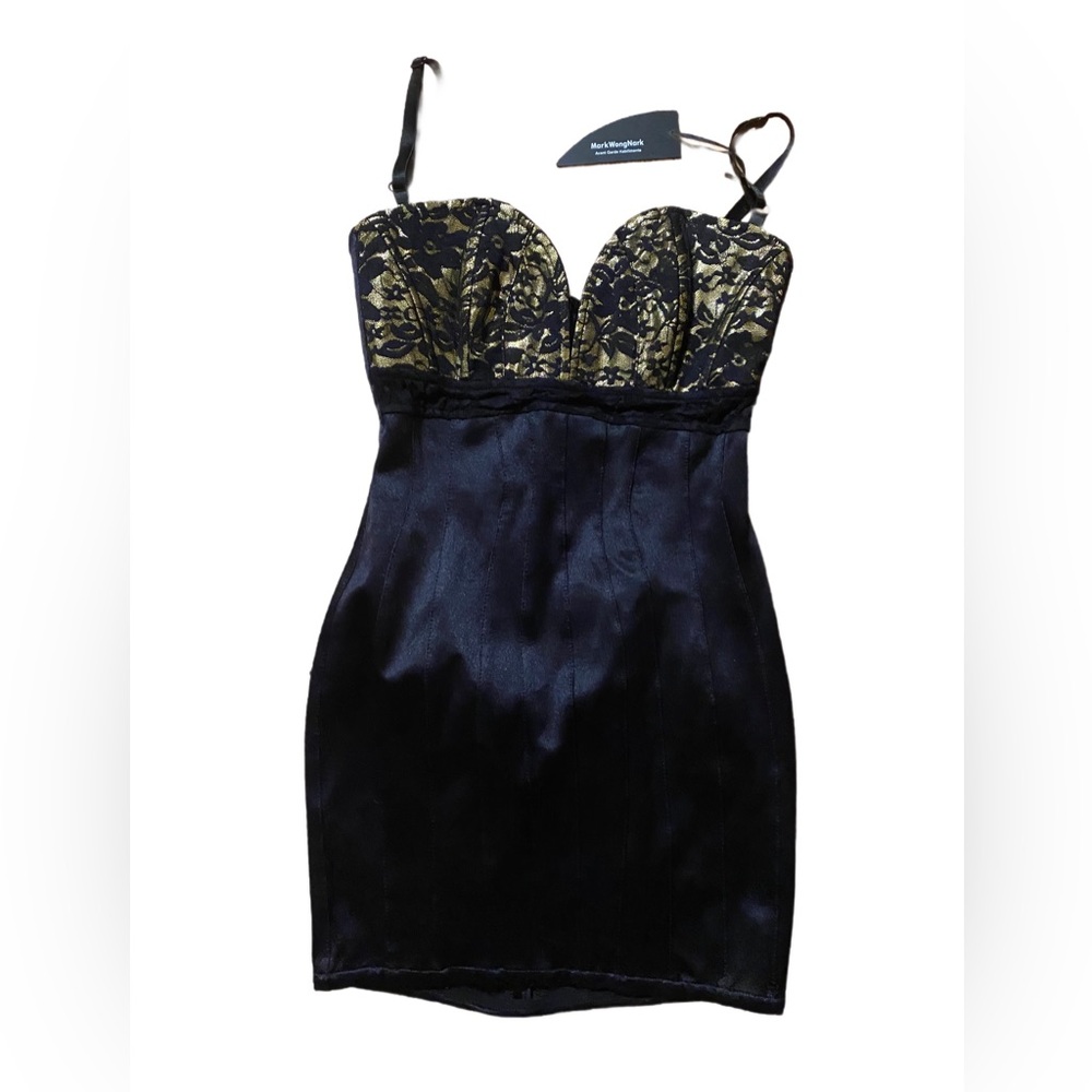 NWT Mark Wong Nark 24k gold two tone bondage bodycon mini lace dress XS y2k